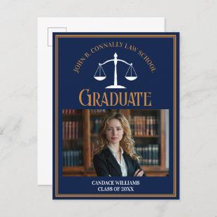 Navy Blue Gold Law School Graduation Photo Announcement Postcard
