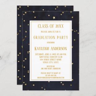 Navy Blue Gold Star Confetti Graduation Party Invitation