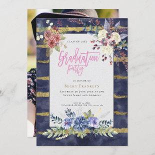 Navy Blue/Gold Stripe/Floral/Your Photo/Graduation Invitation