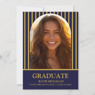 Navy Blue Gold Striped Photo Arch Graduation Invitation
