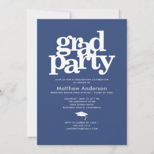Navy blue grad party modern bold typography simple invitation