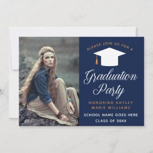 Navy Blue Graduate Photo Elegant Graduation Party Invitation