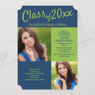 Navy Blue Lime Green Grad Party Invite