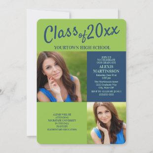 Navy Blue Lime Green Graduation Party Invite