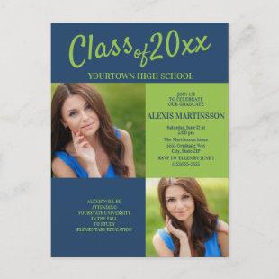 Navy Blue Lime Green Graduation Party Photo Invite