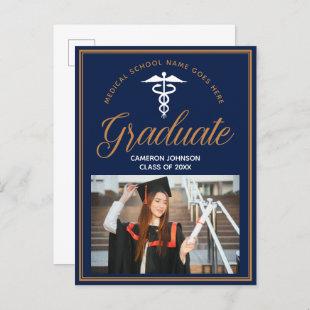 Navy Blue Medical School Photo Graduation Party Announcement Postcard