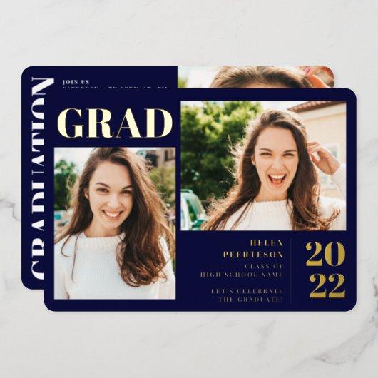 Navy blue minimalist modern 3 photos graduation foil invitation