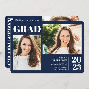 Navy blue minimalist modern 3 photos graduation invitation