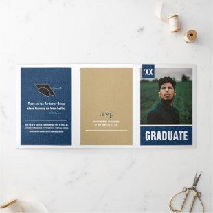 Navy Blue Modern Textured Photo Graduation Tri-Fold Invitation