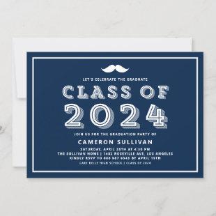 Navy Blue Mustache Class of 2024 Retro Graduation Invitation