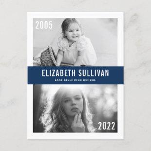 Navy Blue Now and Then Class of 2022 Graduation Announcement Postcard