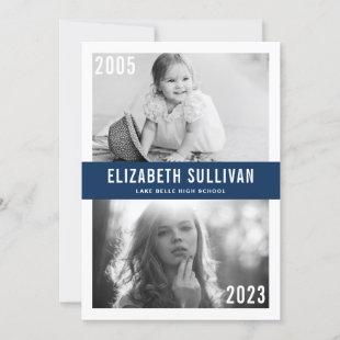 Navy Blue Now and Then Photo Collage Graduation Invitation