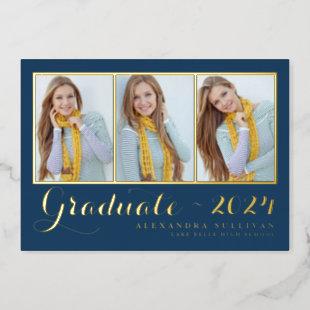 Navy Blue Photo Collage Graduation Gold Foil Invitation