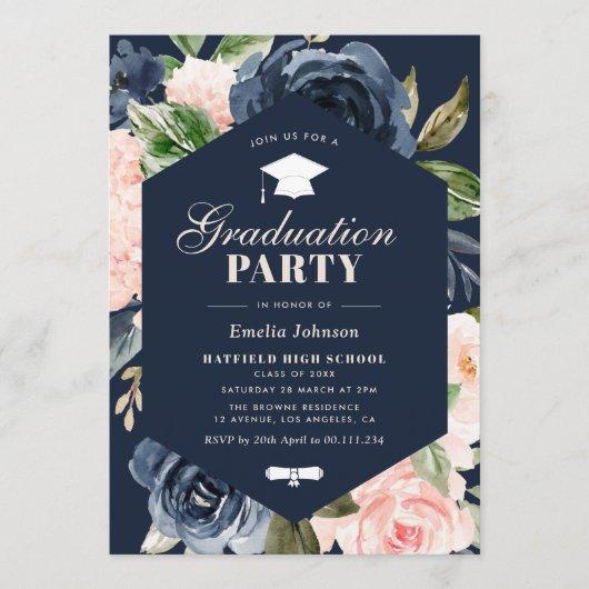navy blue & pink floral graduation party invitation