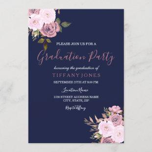 Navy Blue Pink & Rose Gold Graduation Invitation