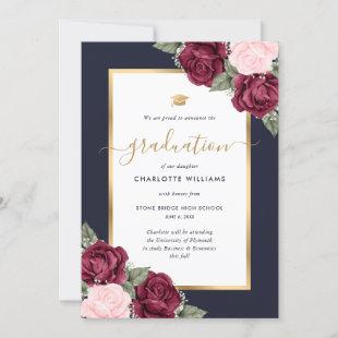 Navy Blue Red Pink Gold Floral Photo Graduation Announcement