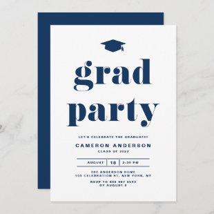 Navy Blue Retro Bold Typography Graduation Party Invitation