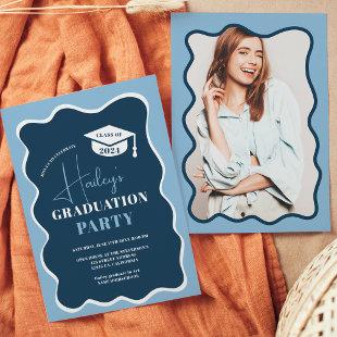 Navy blue retro wavy frame photo graduation invitation