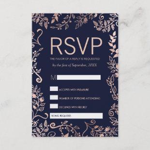 Navy Blue Rose Gold Floral RSVP and Song Request