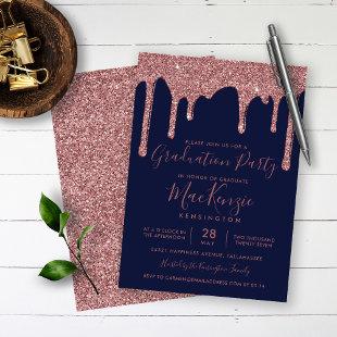 Navy Blue Rose Gold Glitter Drips Graduation Party Invitation