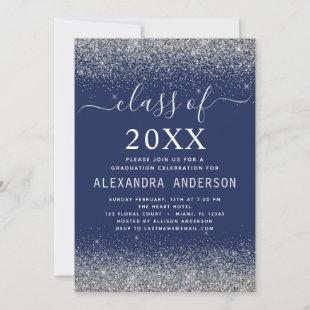 Navy Blue Silver Graduation Party Class of 2022 Invitation
