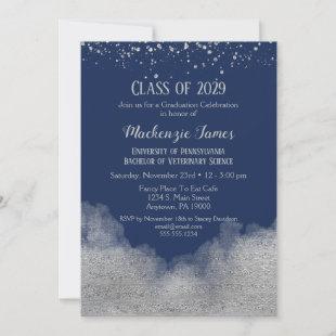 Navy Blue Silver Graduation Party Invitation