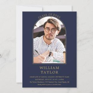 Navy Blue Simple Gold Arch Photo Graduation Party Invitation