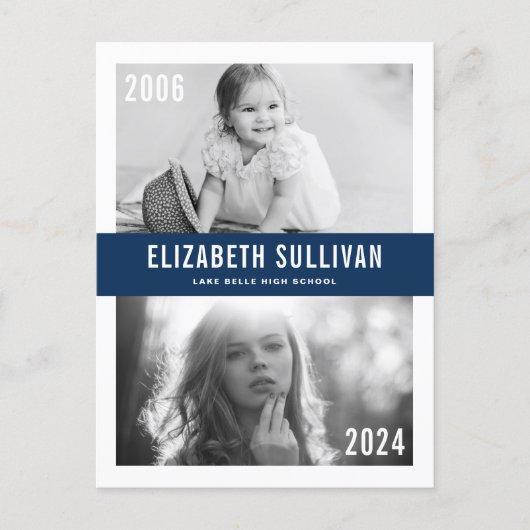 Navy Blue Then and Now Photo Collage Graduation Announcement Postcard