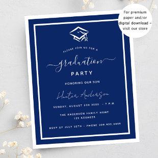 Navy blue white graduation party budget invitation flyer