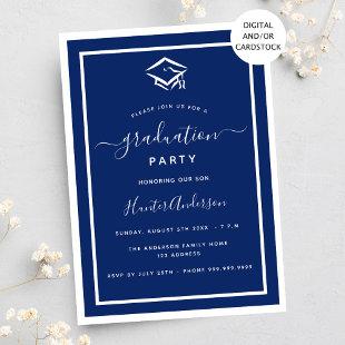 Navy blue white graduation party invitation