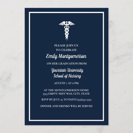 Navy Blue White Nursing School Graduation Party Invitation