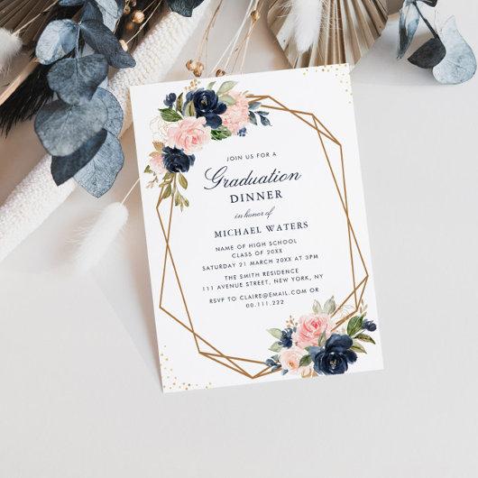 Navy & blush floral geometric graduation dinner invitation