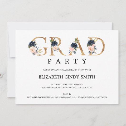 Navy Blush Floral Gold Letter Grad Party Photo Invitation