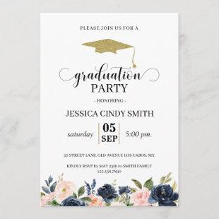 Navy Blush Floral Script Graduation Party Invitation