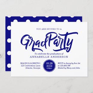 Navy brush typography polka dots graduation party invitation