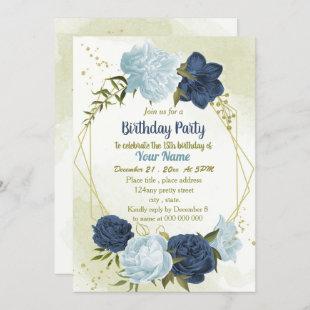 navy dusty blue flowers green leaves birthday invitation