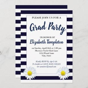 Navy Floral Daisy Pretty Graduation Party Invitation