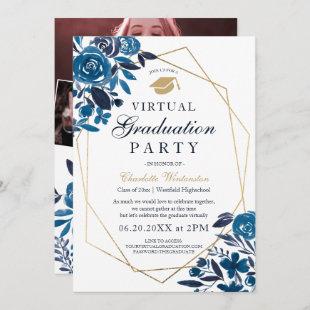 Navy floral gold frame photos virtual Graduation Invitation