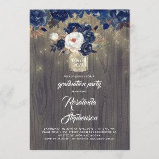 Navy Floral Mason Jar Rustic Graduation Party Invitation
