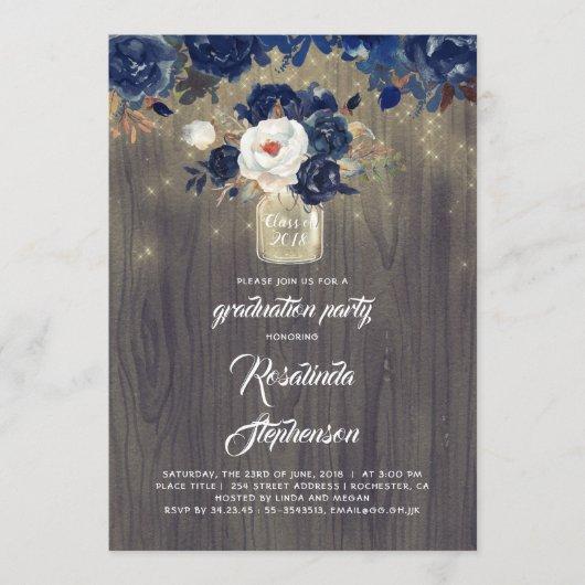 Navy Floral Mason Jar Rustic Graduation Party Invitation