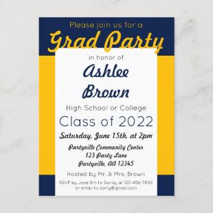 Navy Gold Bold Grad Party Graduation Invitation Postcard