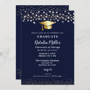 Navy Gold Grad Hat Glitter Rhinestone Graduation Invitation