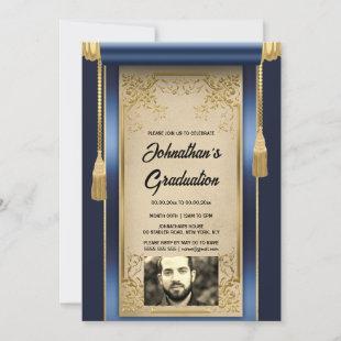 Navy gold scroll with photo men's graduation party invitation