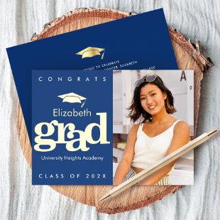 Navy graduation photo bold modern cap real gold  foil invitation