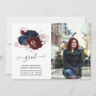 Navy, Maroon and Rose Gold Floral Graduation Photo Announcement