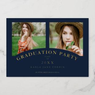 Navy Modern Elegant Chic Graduation Party 2 Photos Foil Invitation