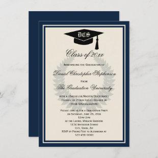 Navy Monogram Laurel Classic College Graduation Invitation
