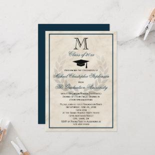 Navy Monogram Wreath Classic College Graduation Invitation