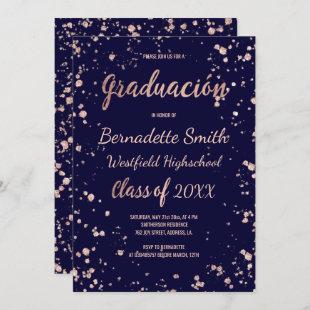 Navy rose gold confetti graduation spanish invitation