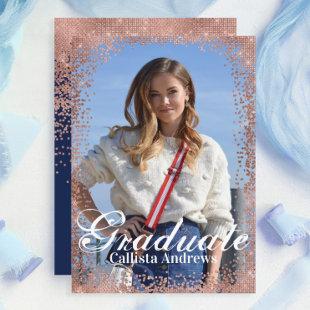Navy Rose Gold Glitter Confetti Photo Graduation Invitation